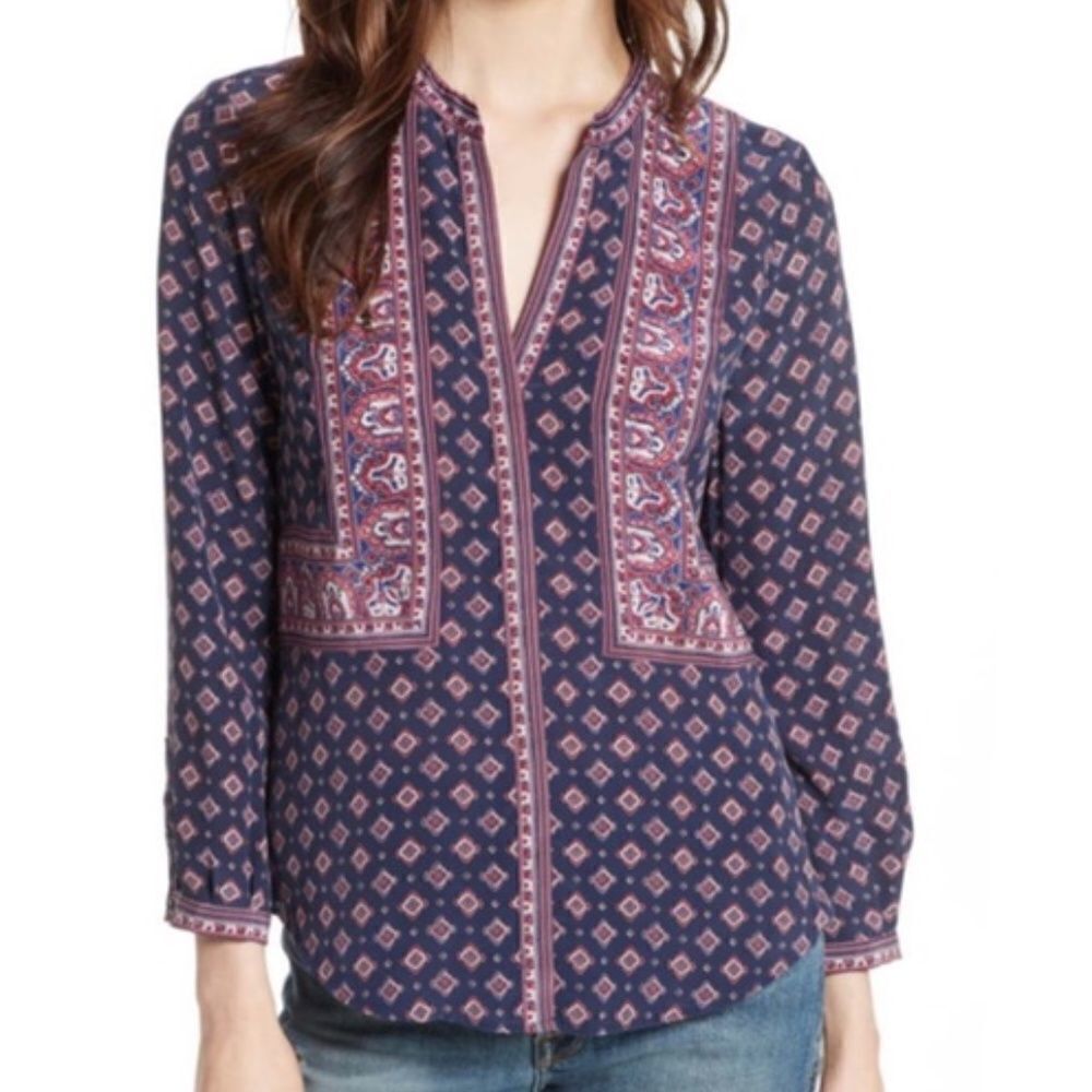 Joie Asia Silk Blouse in Dark Navy Button Down Top XS